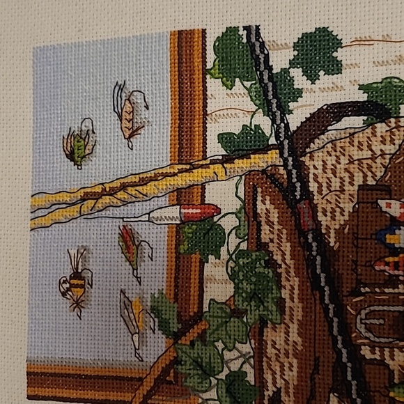 Vintage Fisherman's Fishing Gear Finished Cross Stitch Sampler - Picture 4 of 16